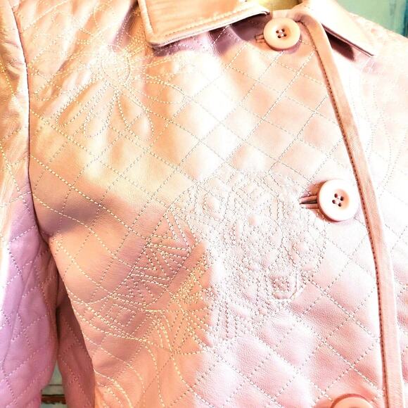 Vintage Pamela McCoy Pink Classic Quilted Leather Coat Size S Lined 2 Pockets - Picture 3 of 10